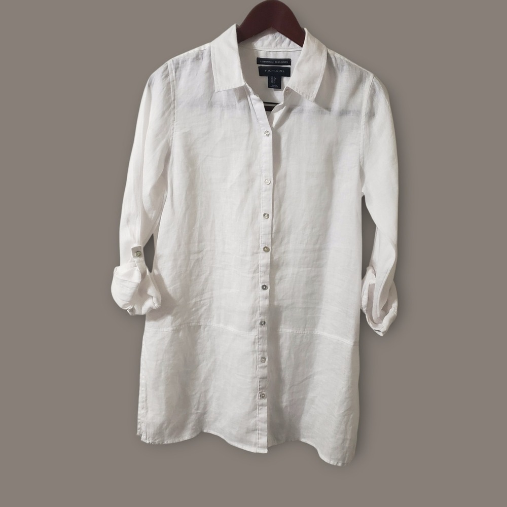 Tahari‎ Essentials 100% Linen White Button Down Tunic Shirt Womens Size Small
